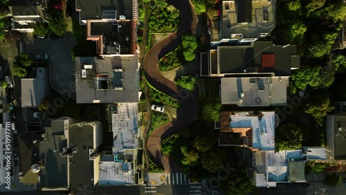 Aerial View Of Crookedest Street Of Lombard In San Francisco, United States. Tracking Shot