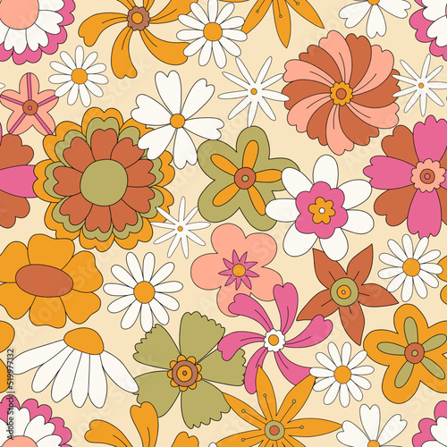 70s 60s style retro pattern with colorful flowers. Floral retro vintage background. Groove flower. Vintage boho illustrations. Hippie background for wallpaper, fabric.