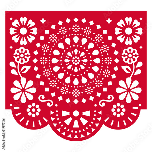 Papel Picado vector design with geometric mandala and  flowers, Mexican cutout paper garland decoration in red on white background
  