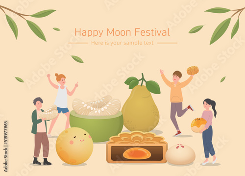Happy friends and family celebrating mid-autumn festival, moon cake with pomelo and moon, vector poster