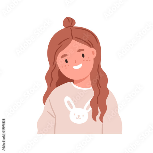 Happy smiling girl head portrait. Smiley child with freckles on face. Adorabl...