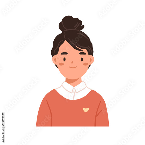School girl face portrait. Smiling child with hair bun. Cute schoolgirl head avatar. Happy little kid student, primary pupil, schoolchild. Flat cartoon vector illustration isolated on white background