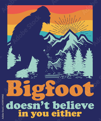 Retro vintage sunset Bigfoot Yeti vector t-shirt design
