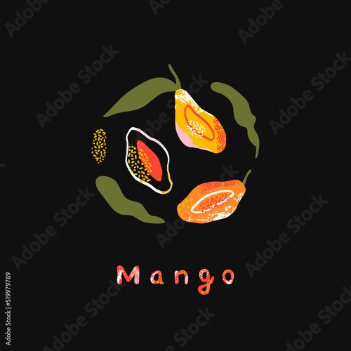 Ripe whole and sliced mango with leaves in abstract style. Tropical vector illustration for local farms, restaurants, menus, t-shirts and more. Background with lettering organic mango.