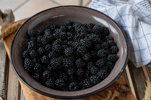 Canvas Print Bowl with fresh picked wild blackberries