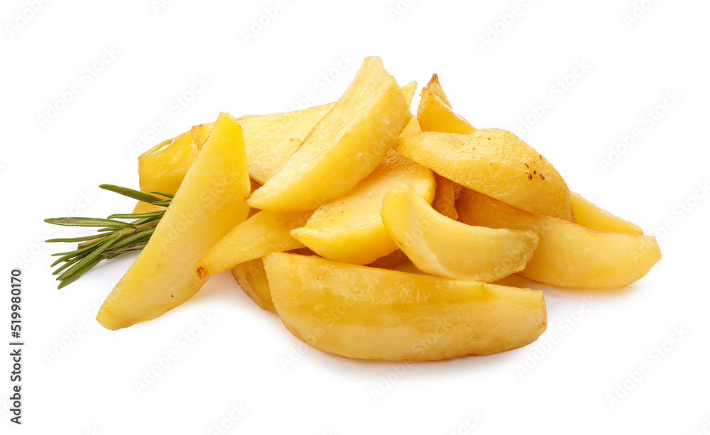 Tasty baked potato wedges with rosemary on white background Tasty baked potato wedges with rosemary on white background