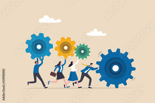 Business organization, people working together or teamwork to help success mission, cooperation or community concept, businessman and woman people holding cogwheels gear to build organization.