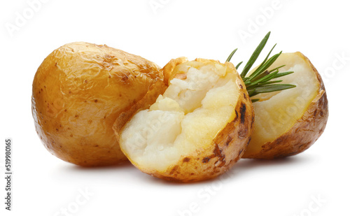 Tasty pieces of baked potatoes and rosemary on white background