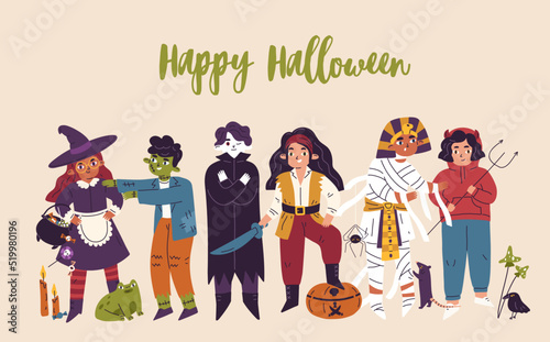 Happy Halloween banner with cute kids disguised in carnival, holiday party costumes. Helloween background with funny creepy children characters, vampire, witch. Colored flat vector illustration