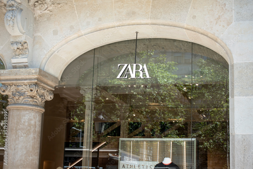 Barcelona, Spain May 9, 2022 Zara store sign.. Zara is an International Fashion Company