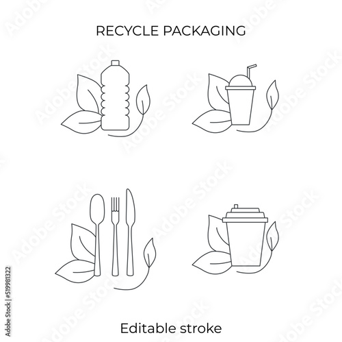 Fast food and take away eco packaging symbol for restaurant, cafe, bistro and diner. Plastic free and recyclable. Editable stroke. Vector stock illustration isolated on white background. 