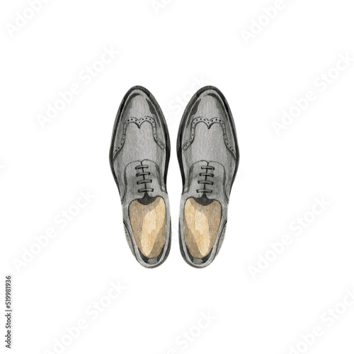 Men's classic black leather shoes. Isolated object on a white background. Hand-drawn watercolor illustration.