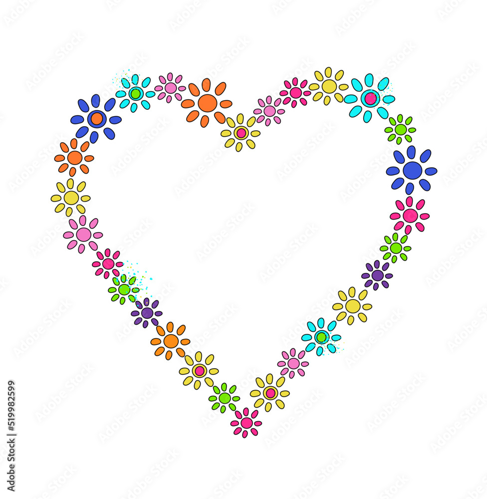 Heart shape made of flowers. Floral heart frame. Doodle. Isolated on white background.