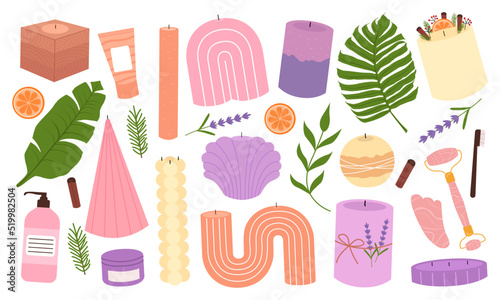 Various scented candles and beauty skin care tools, moisturizer and facial roller massager. Decorative wax candles for relax and spa. Hand drawn modern vector illustrations.