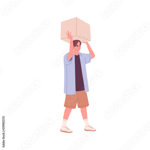 Young man carrying big box over head. Guy loader going with cardboard in hands. Person holding packed carton parcel, package for moving. Flat vector illustration isolated on white background