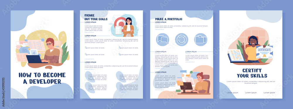 How to become developer flat vector brochure template. Booklet, leaflet printable flat color designs. Editable magazine page, reports kit with text space. Nerko One, Quicksand, Comfortaa fonts used