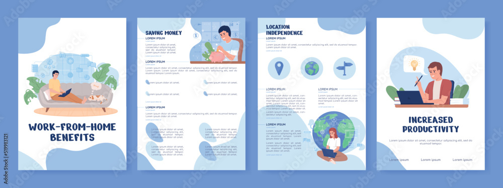 Work from home benefits flat vector brochure template. Booklet, leaflet printable flat color designs. Editable magazine page, reports kit with text space. Nerko One, Quicksand, Comfortaa fonts used