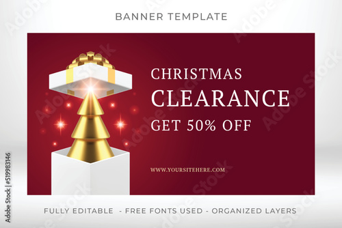 Christmas clearance seasonal sale red banner template spruce in gift box realistic 3d icon vector