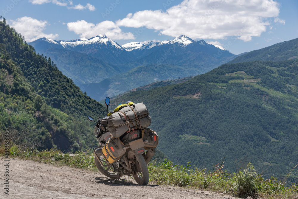 Touring Motorcycle stopped at the mountain peak Touring Motorcycle stopped at the mountain peak