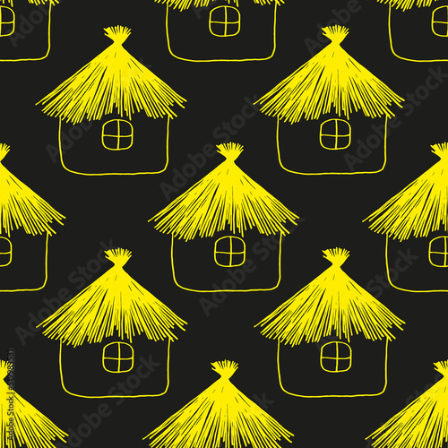 Seamless pattern of russian rustic huts. Set of old daubed houses.