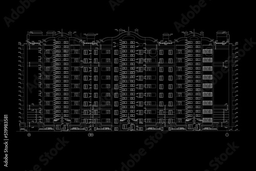 Multistory building facade, vector architectural technical blueprint