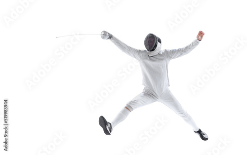 Dynamic portrait of young man, fencer in in fencing costume with sword in hand training isolated on white studio background. Sport, energy, skills © master1305