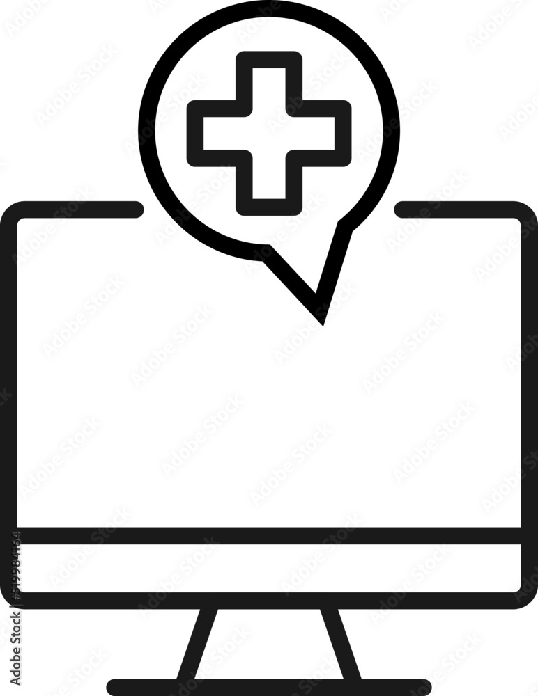 Obraz premium Item on pc monitor. Outline sign suitable for web sites, apps, stores etc. Editable stroke. Vector monochrome line icon of cross in speech bubble on computer monitor
