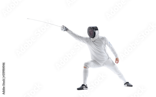 Dynamic portrait of young man, fencer in in fencing costume with sword in hand training isolated on white studio background. Sport, energy, skills © master1305