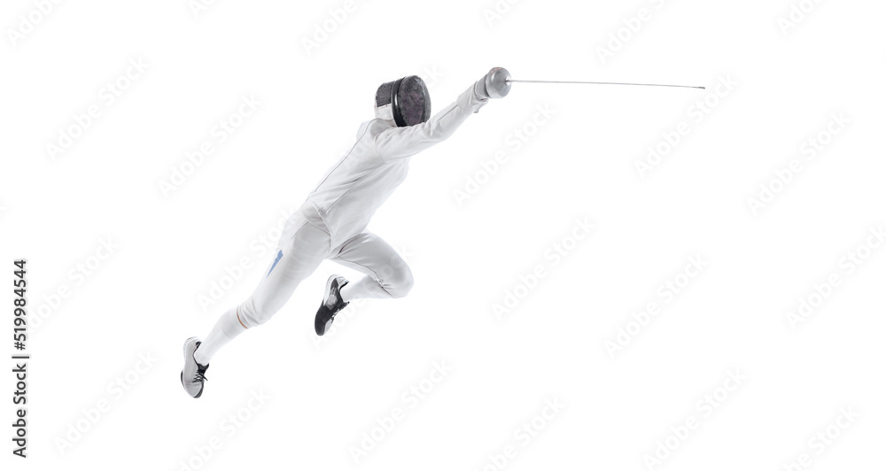 Dynamic portrait of young man, fencer in in fencing costume with sword in hand training isolated on white studio background. Sport, energy, skills