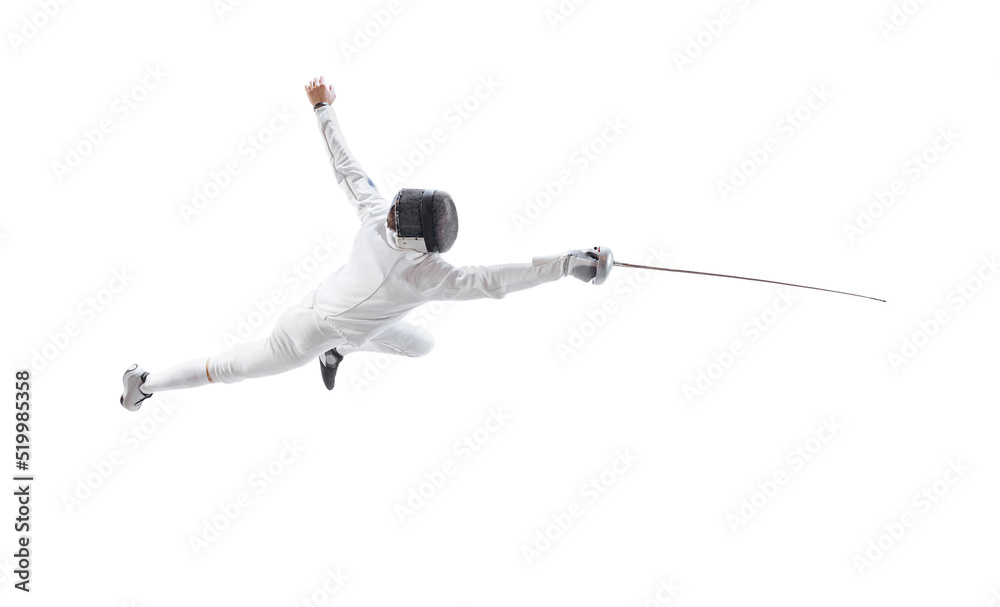 Aerial view of male fencer in fencing costume and mask holding smallsword and training isolated on white background. Sport, energy, skills Aerial view of male fencer in fencing costume and mask holding smallsword and training isolated on white background. Sport, energy, skills