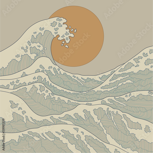 Vintage chinese style sea waves and sun. Cartoon retro vector illustration in traditional colors for games, background, pattern, decor. Print for fabrics and other surfaces
