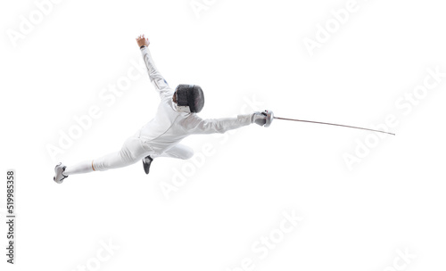 Aerial view of male fencer in fencing costume and mask holding smallsword and training isolated on white background. Sport, energy, skills