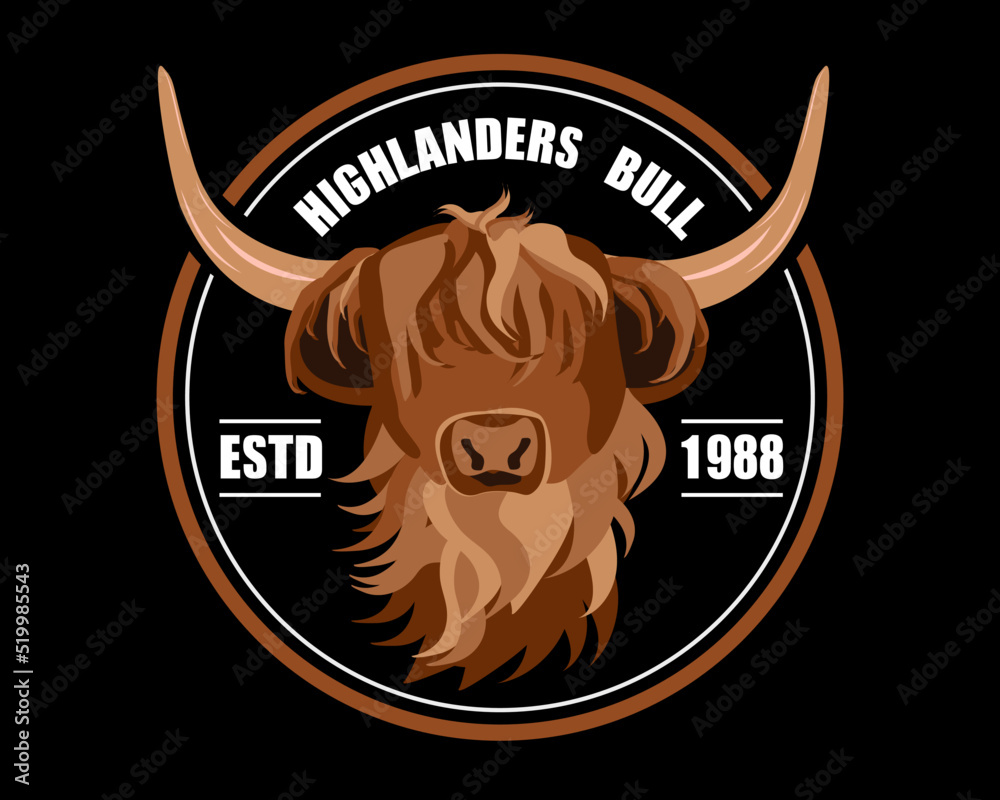 Emblem of  black and white and brown Highland cattle, cow. Cute head of Scottish cattle isolated on black background. Written Highlanders Bull. Design element for logo, poster, card, banner, emblem, t - obrazy, fototapety, plakaty 