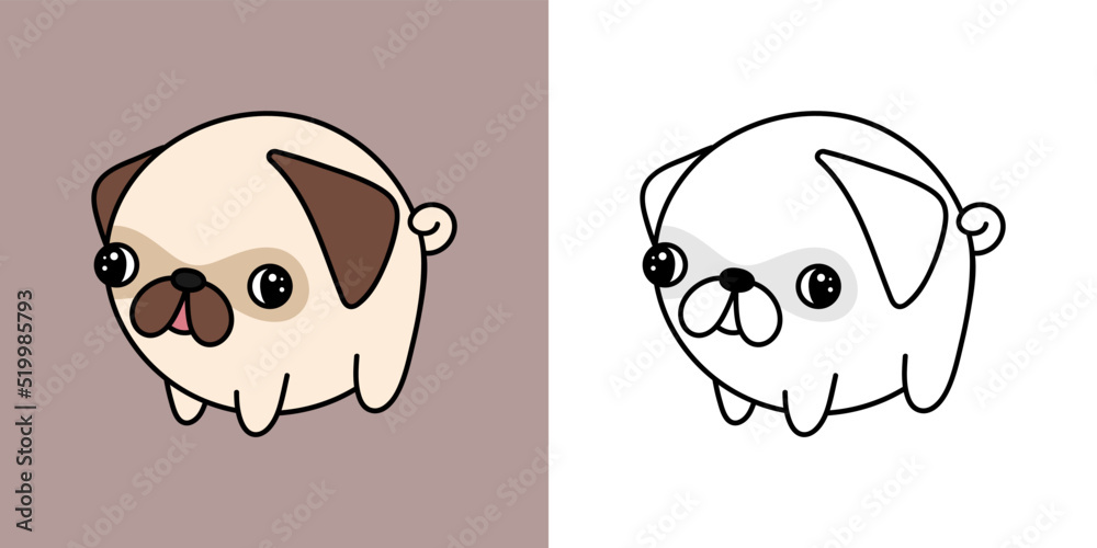 Set Clipart Pug Dog Coloring Page and Colored Illustration. Clip Art ...