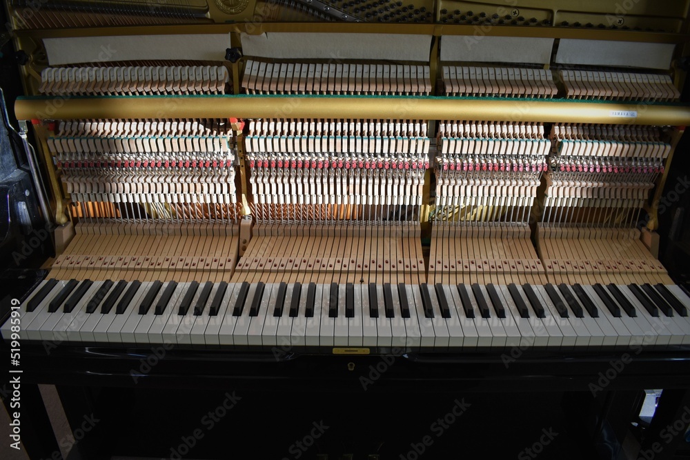 ピアノ、アップライトピアノ、ピアノの内部、ピアノのしくみ、ピアノ弦、鍵盤、ピアノ調律、ピアノ修理