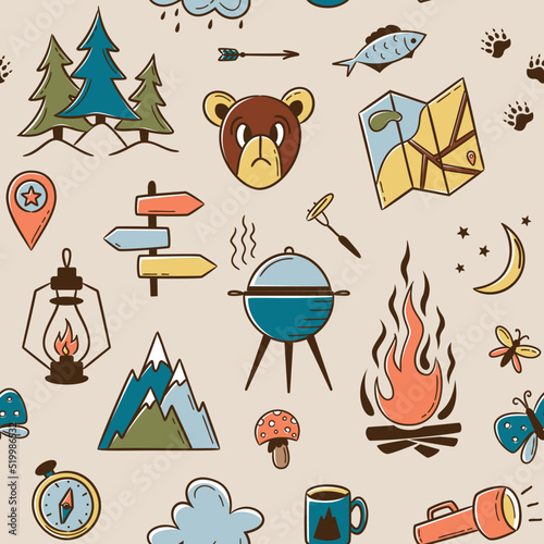 Seamless summer camp pattern, travel and overnight in the forest. Outdoor Camping Adventure Elements. Lovely print for kids, travel tours, wallpaper, fabric, travel items on beige tan background