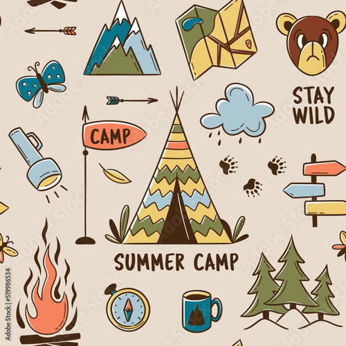 Seamless summer camp pattern, travel and overnight in the forest. Outdoor Camping Adventure Elements. Lovely print for kids, travel tours, wallpaper, fabric, travel items on beige tan background