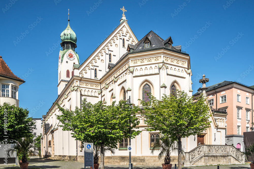 View at the Church of Saint Nicholas in the streets of Rosenheim - Germany