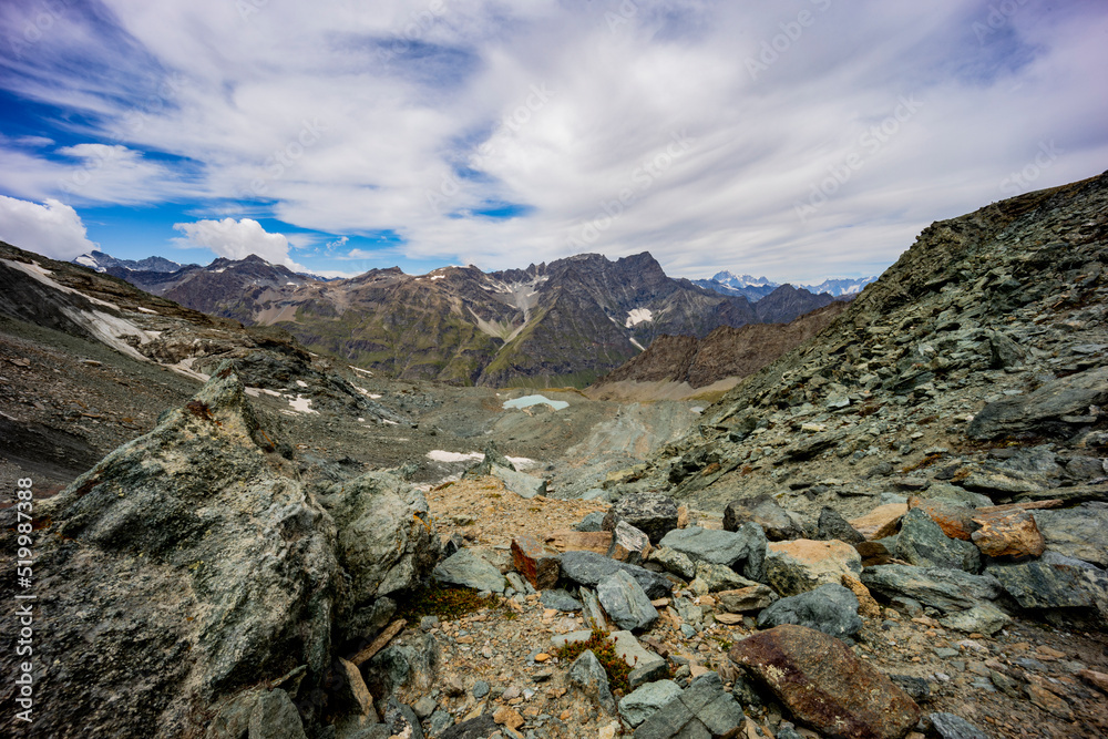 Excursion to the Gran Paradiso in the Alps. Search for rocks, minerals and precious stones. Study of the surface of rocks with sedimented debris over time. Lunar landscape, Martian landscape.