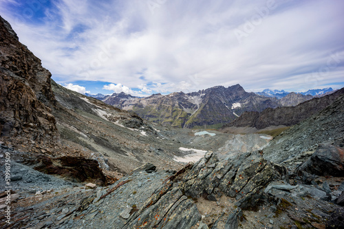 Excursion to the Gran Paradiso in the Alps. Search for rocks, minerals and precious stones. Study of the surface of rocks with sedimented debris over time. Lunar landscape, Martian landscape.