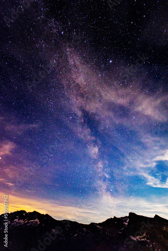 
Milky Way, long exposure, the same ones shine in the sky with a frame of pine trees on the sides. Shooting stars crosses the night sky.