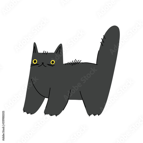 Black cat. Halloween cat character. Cartoon trendy kitten. Stock vector illustration isolated on white background.