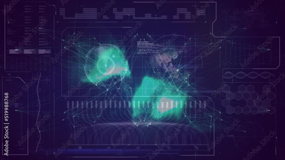 Animation of connections and data processing on digital screen with globe Animation of connections and data processing on digital screen with globe