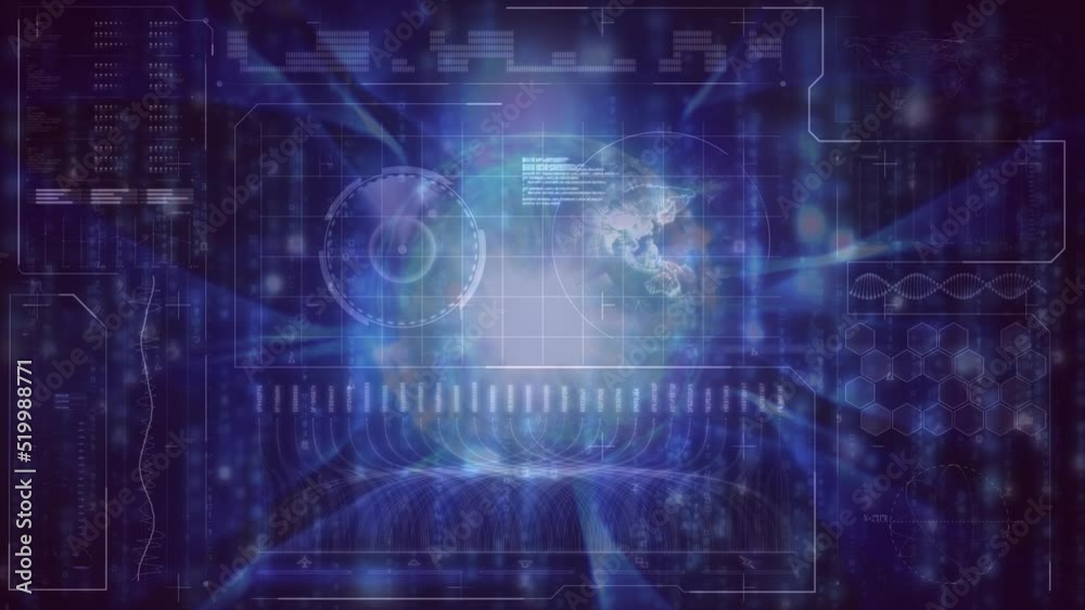 Animation of digital screen with data and globe on navy background