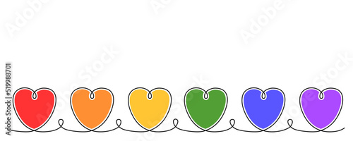 Continuous line drawing of hearts with LGBT colors. Love concept. Vector illustration