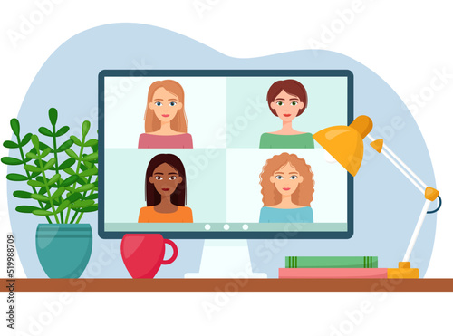 Online meeting via video conference. Women connecting together, learning or meeting online, remote working. Vector illustration