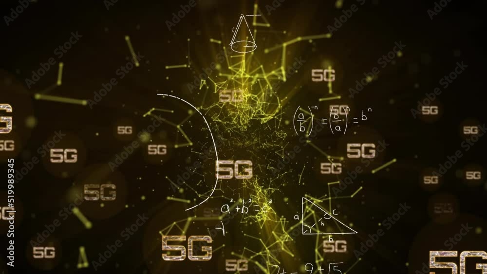 Animation of connections, 5g and math formulas on black background Animation of connections, 5g and math formulas on black background