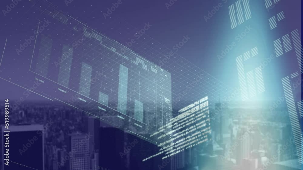 Animation of data and graphs processing on navy digital screen over cityscape Animation of data and graphs processing on navy digital screen over cityscape