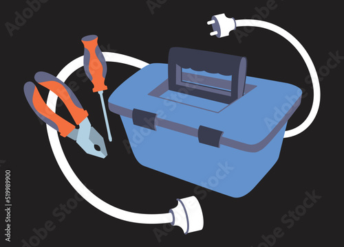 Cable with plug and tools for installing equipment. Tool storage for an electrician or mechanic. Pliers with a screwdriver from the tool box. White long cord. Flat cartoon graphic style illustration