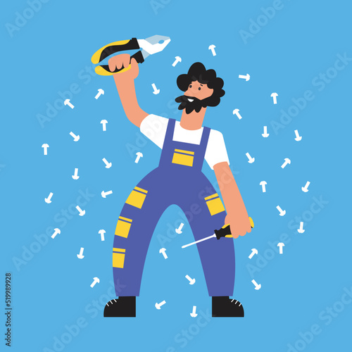 Locksmith in overalls with tools in his hands. Hardware and pliers with a screwdriver at work. Banner for working profession. Flat cartoon graphic style illustration